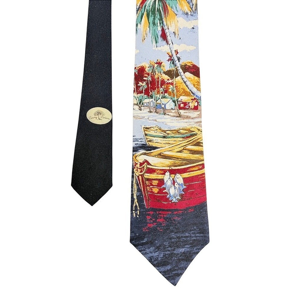 Tommy Bahama Mens Silk Tie Blue Red Tropical Island Beach Boat‎ Palm Tree Scene